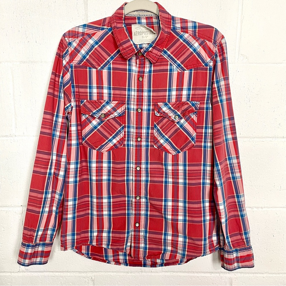 Aeropostale Y2K Long Sleeve Shirt Red Plaid Pearl Snap‎ Front Western Cowgirl S